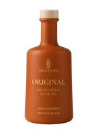 Gaia Iluka Original extra virgin olive oil in its terracotta 500ml bottle with a wooden cap, on a white background