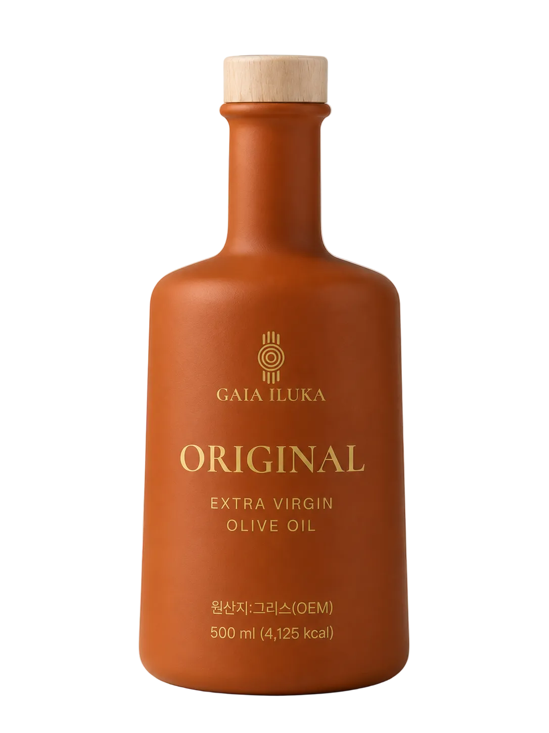 Gaia Iluka Original extra virgin olive oil in its terracotta 500ml bottle with a wooden cap, on a white background