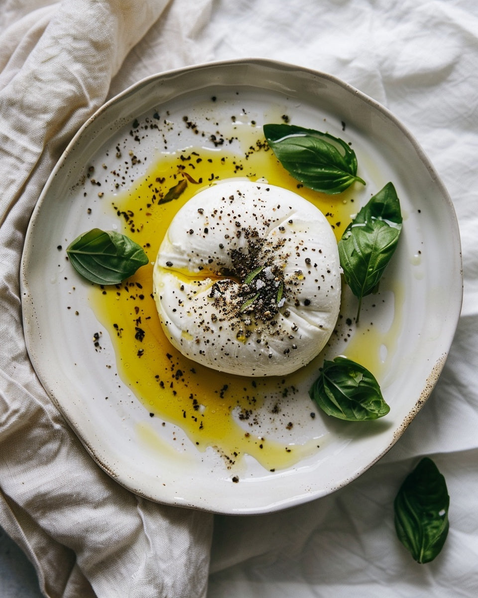 Burrata dressed with Gaia Iluka olive oil, basil and cracked pepper