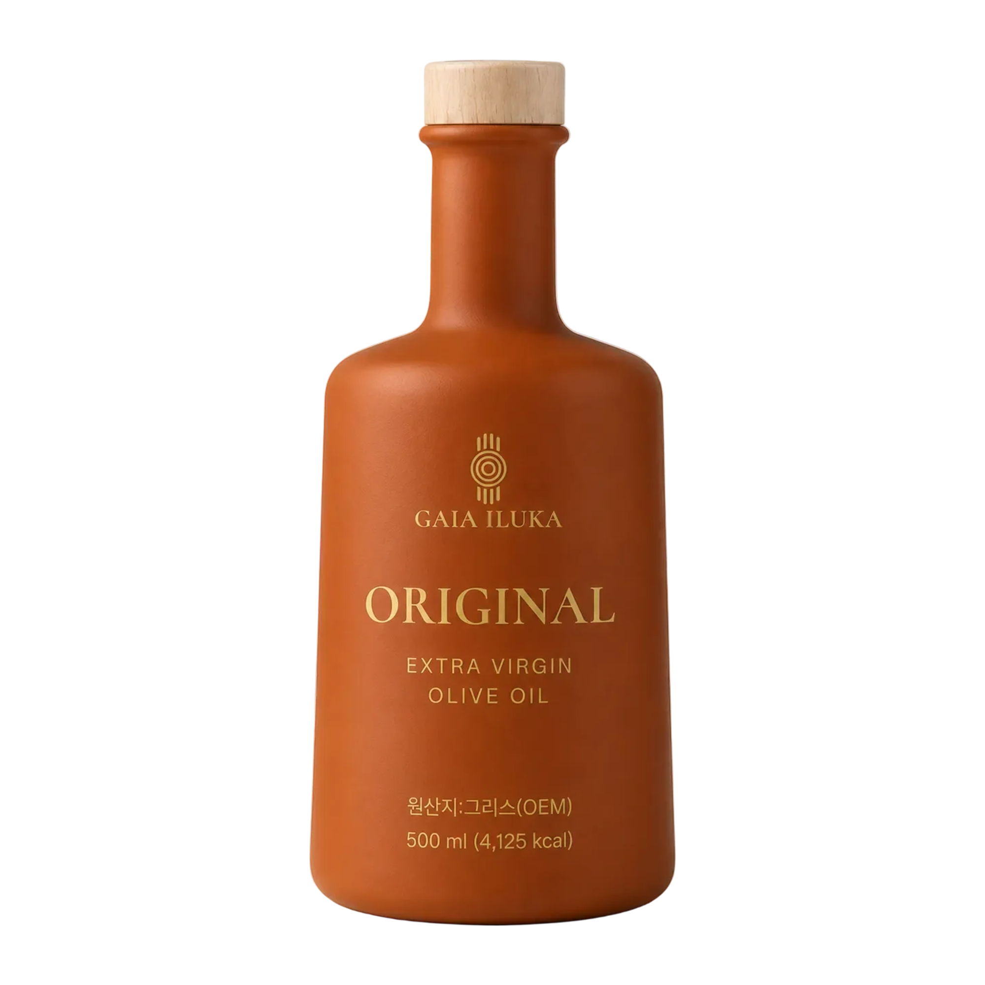 Gaia Iluka Original extra virgin olive oil in its terracotta 500ml bottle with a wooden cap